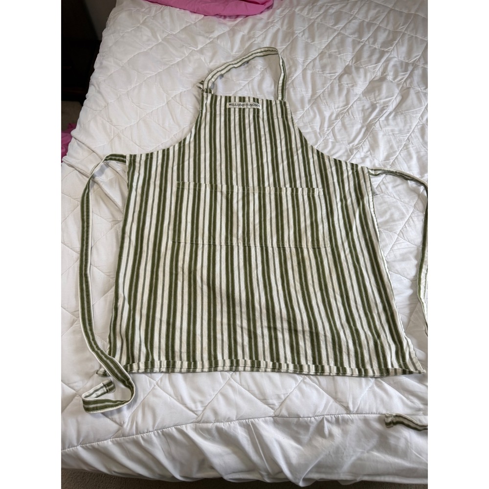Williams Sonoma Green White Striped Cotton Chef Apron Adjustable Neck Pocket